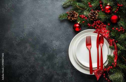 Elegant holiday dining setup featuring red and green decor with festive table...