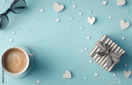 A cozy coffee moment with a gift box and heart decorations on a light blue ba...