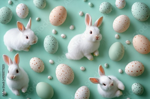 Celebrating Easter with decorative eggs and a cute bunny on a pastel green ba...