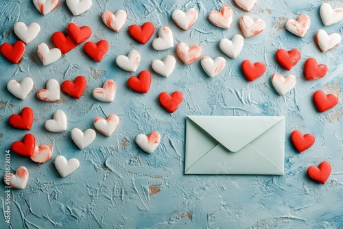 Heart-shaped decorations frame a blue envelope on a pastel background for rom...