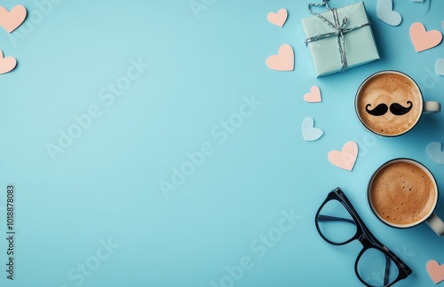 A cozy coffee moment with gifts and decorations on a bright blue table for a ...