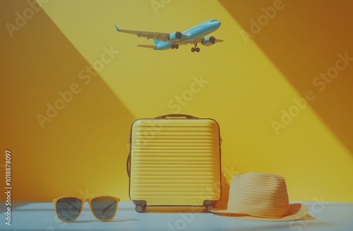 Travel essentials arranged beside a wall with a shadow, showcasing a suitcase...