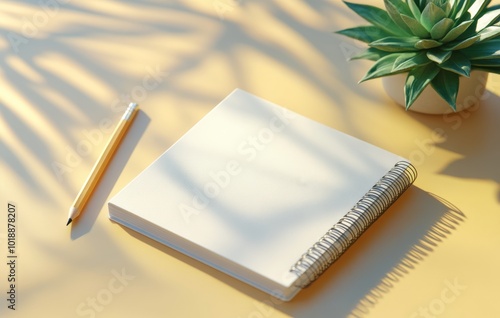 A blank notepad and yellow pencil beside a green plant on a table with sunlig...