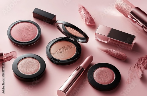 A collection of vibrant pink cosmetic products arranged on a soft pink backgr...