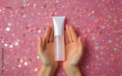 Hands holding a white cosmetic tube over a sparkling pink background filled w...