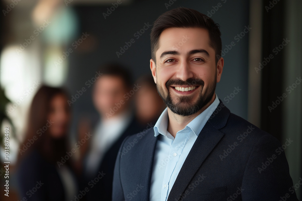 Portrait of a smiling business professional in a suit, standing in an office with colleagues in the background Portrait of a smiling business professional in a suit, standing in an office with colleagues in the background