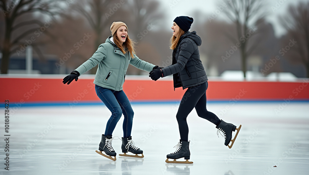 Obraz premium Beautiful female couple ice skating. women wearing winter jackets and hat, having fun in the outside skating arena. Lesbian couple