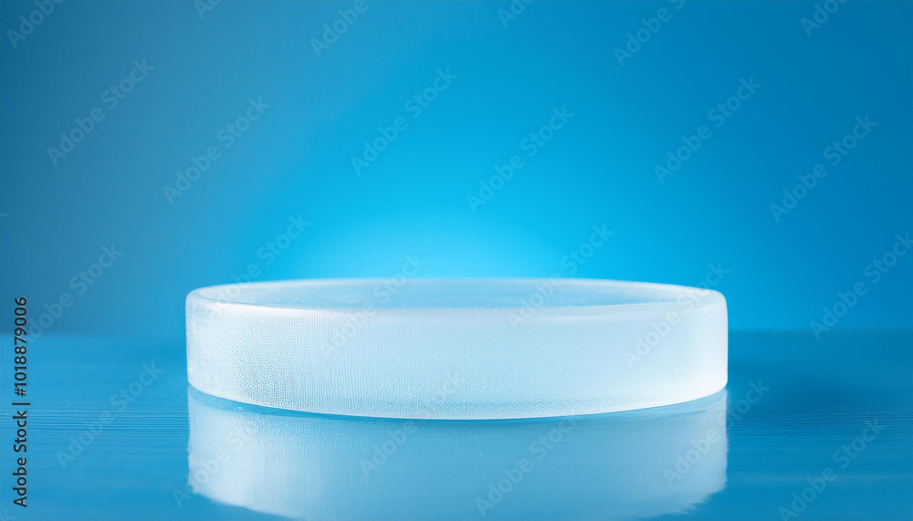 Round ice pedestal for product presentation on blue background. Pedestal in studio. Cool display. Round ice pedestal for product presentation on blue background. Pedestal in studio. Cool display.