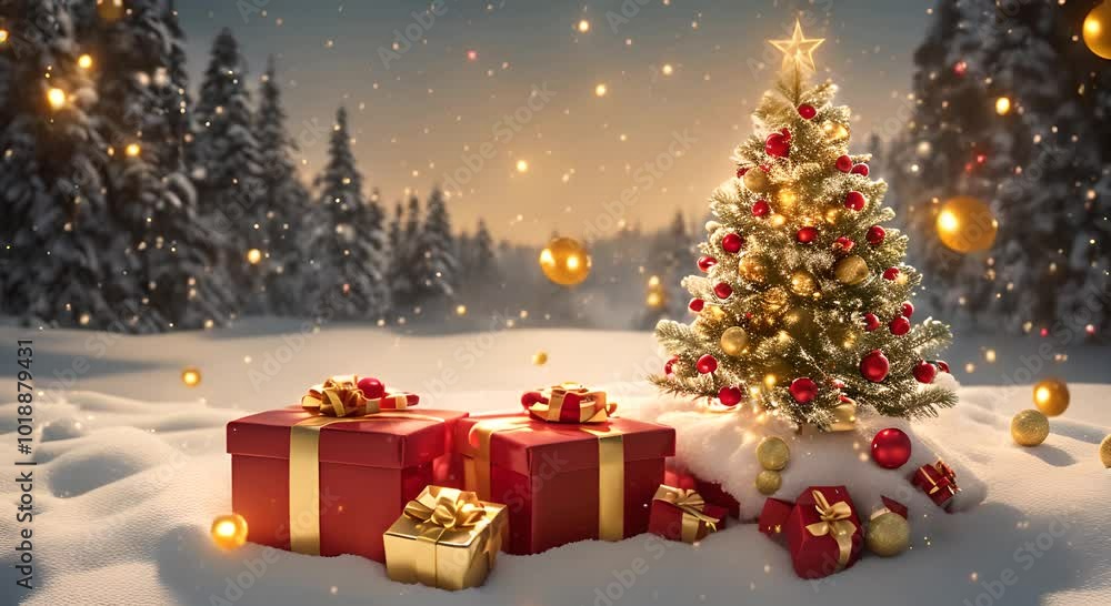 Christmas tree decorated with golden and red balls standing in the snow with gift boxes under 4k animation Christmas tree decorated with golden and red balls standing in the snow with gift boxes under 4k animation