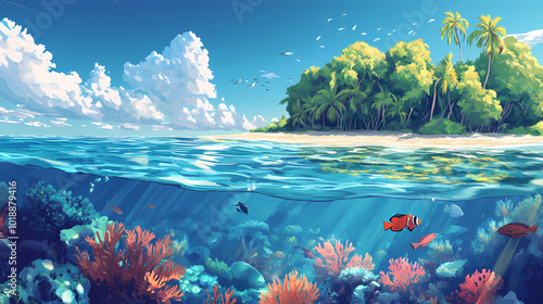 Fototapeta Naklejka Na Ścianę i Meble -  Beautiful panoramic of tropical island with fish and a vibrant coral reef beneath the crystal-clear water. Coral Reef Lagoon. Illustration