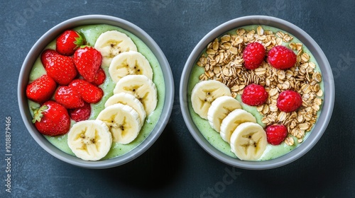 Delicious green smoothie bowls topped with banana slices and granola on a dark background captured from above