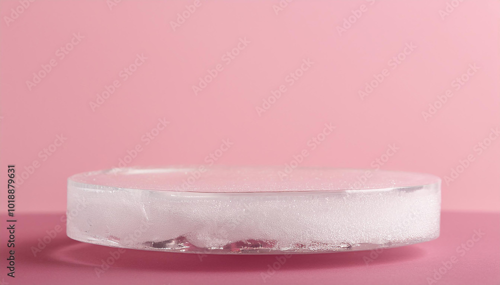 Round ice pedestal for product presentation on pink background. Pedestal in studio. Cool display. Round ice pedestal for product presentation on pink background. Pedestal in studio. Cool display.