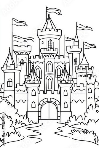 Wallpaper Mural Castle with Towers and Flags, Outline for Coloring Torontodigital.ca