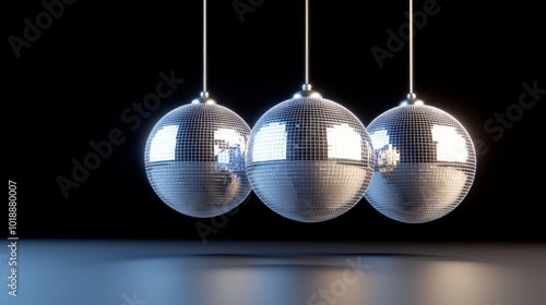 Disco mirror balls illuminate the nightclub backdrop. The lights from the disco ball illuminate the party. photo