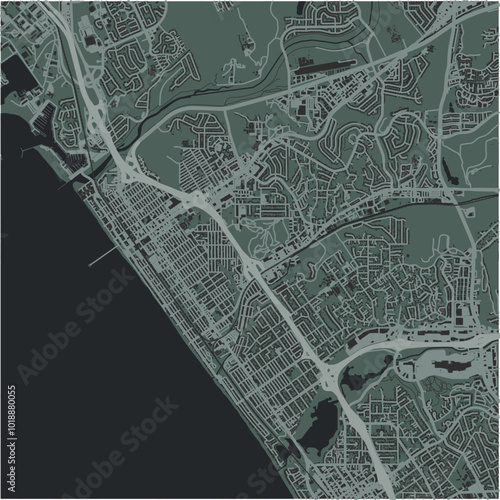 Map of Oceanside in California in a smooth dark style. Contains layered vector with roads water, parks, etc.