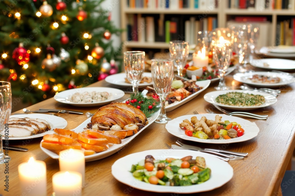 Christmas dinner served at a stock table Christmas dinner served at a stock table