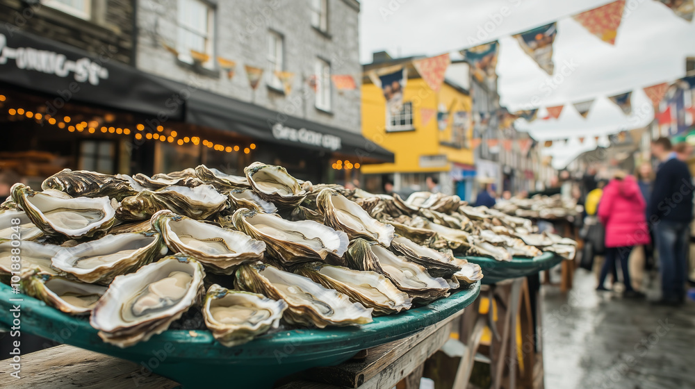 Fresh oysters on display at a bustling street market. Fresh oysters on display at a bustling street market.