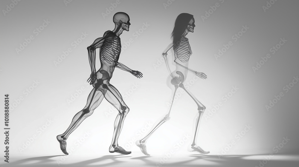 Fototapeta premium Skeletal human figures walking side by side.