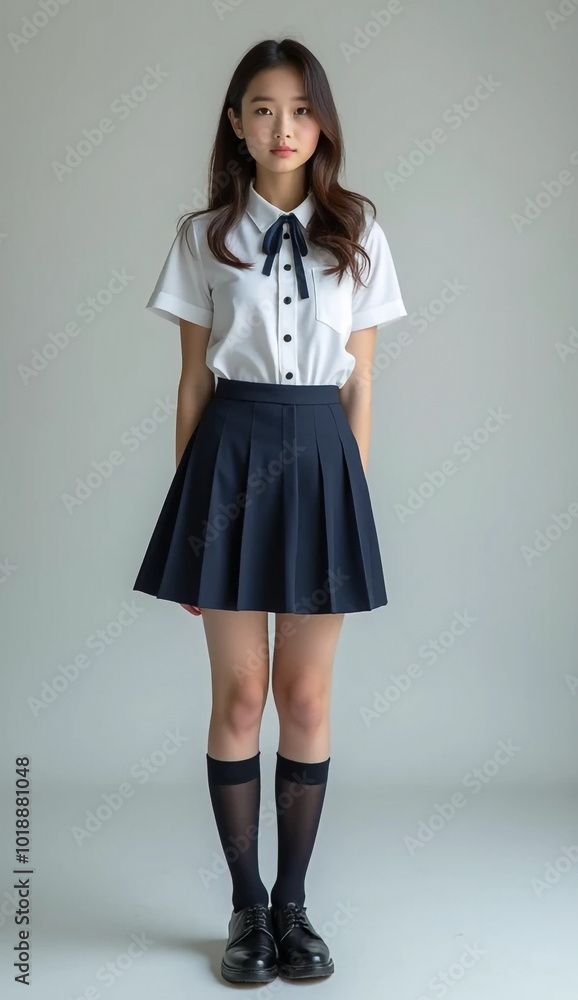 Full length portrait of Asian schoolgirl in uniform. Studio photography, vertical format.