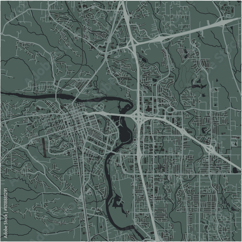 Map of Redding in California in a smooth dark style. Contains layered vector with roads water, parks, etc.