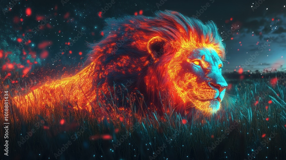 Fiery Lion in a Grassy Field Fiery Lion in a Grassy Field