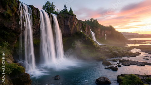 :
A majestic waterfall cascades down a moss-covered cliff, bathed in the warm glow of a sunset over a vast, serene landscape