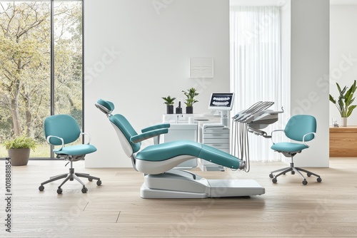 Modern dental clinic interior. An office of the dentist in a bright, modern clinic with a blurred background.