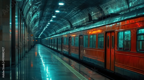 A red train is parked at a subway platform, with a blue glow illuminating the station.