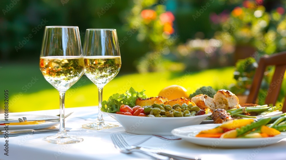 Served in a natural setting, gourmet foods in an outdoor setting. Concept of outdoor eating, catering, elegant events, garden parties. Served in a natural setting, gourmet foods in an outdoor setting. Concept of outdoor eating, catering, elegant events, garden parties.