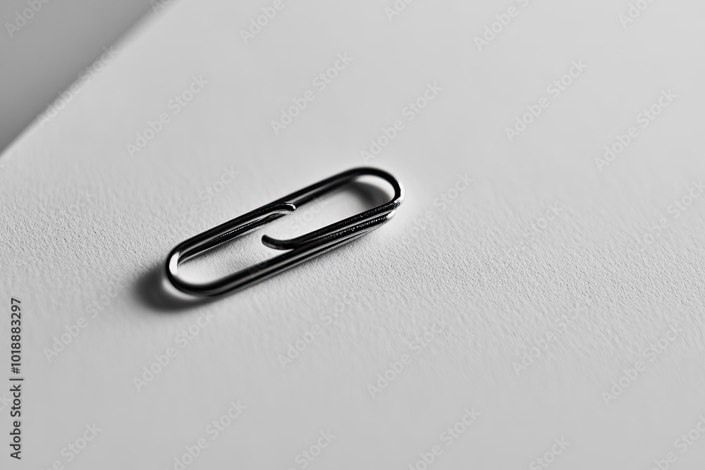 Macro view of black paper clip on white paper. with generative ai Macro view of black paper clip on white paper. with generative ai