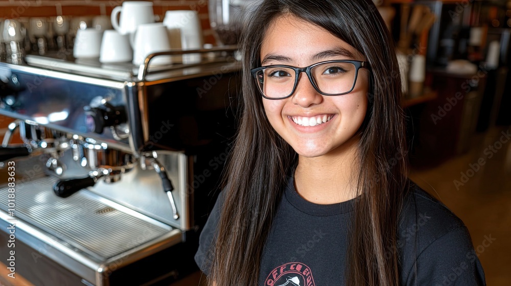 Smiling Barista in a Coffee Shop Setting Smiling Barista in a Coffee Shop Setting