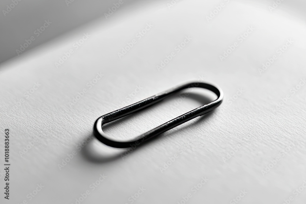 Macro view of black paper clip on white paper. with generative ai Macro view of black paper clip on white paper. with generative ai