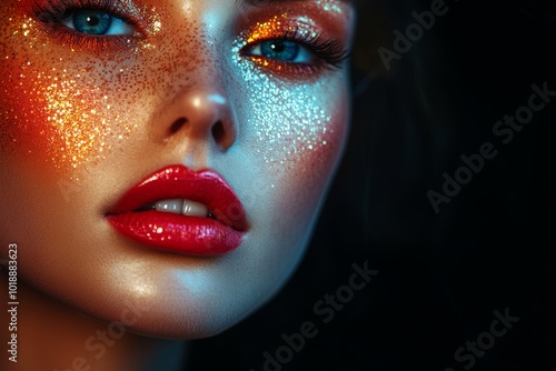 Vibrant neon makeup on woman’s face with colorful glitter and glowing effect