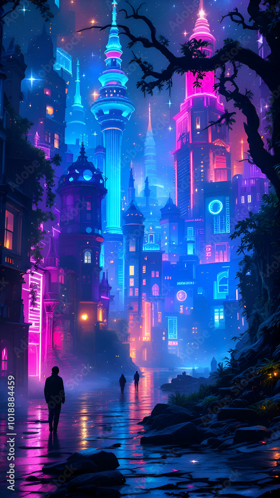 futuristic city illuminated by neon lights. The cityscape features tall towers with glowing windows and signs, reflecting in the wet streets. The sky above is filled with stars futuristic city illuminated by neon lights. The cityscape features tall towers with glowing windows and signs, reflecting in the wet streets. The sky above is filled with stars