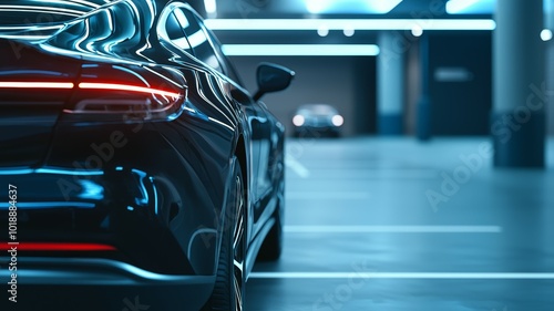 A sleek black car in a modern parking garage illuminated by soft blue lighting showcases contemporary design elements and luxury details during the evening hours