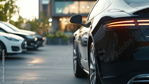 An elegant black sports car parked in a modern urban setting during sunset, showcasing sleek design and a luxurious ambiance