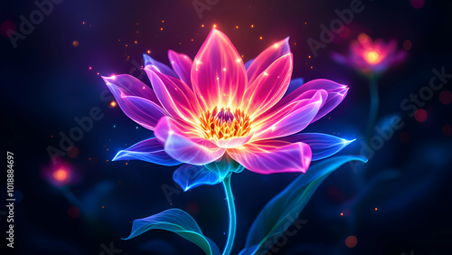 A single neon flower with blue and pink petals glows brightly against a dark background. The flower is surrounded by small orange lights, creating a magical and ethereal effect.