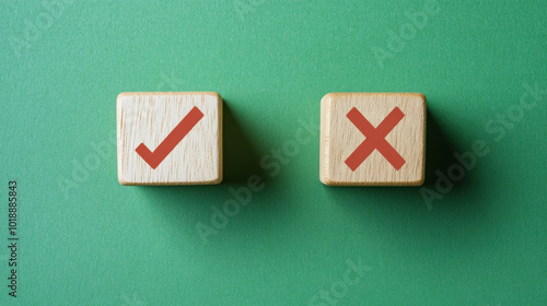 Wooden Blocks with Check Mark and Cross Symbol on Green Background.