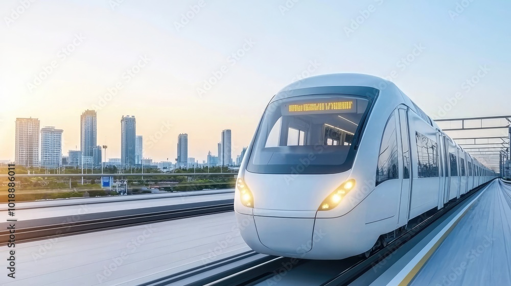 Fototapeta premium Modern Train Approaching Station in Cityscape at Sunset