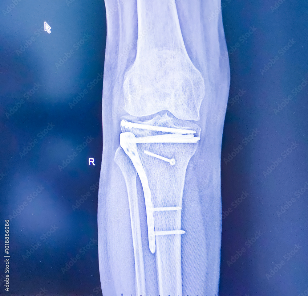 Structure of knee and rx-ray image of knee, tibia fracture with post operation internal fixation.