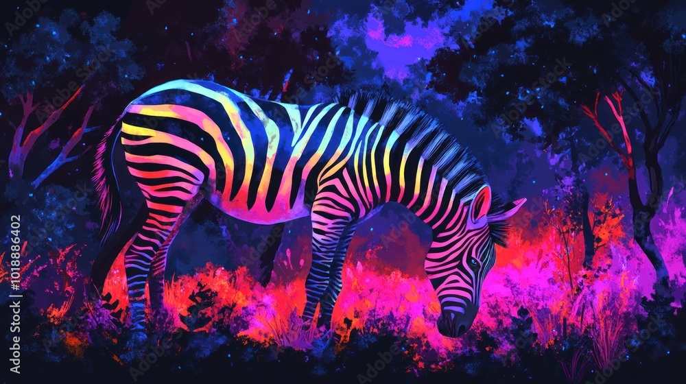 Fototapeta premium Neon Zebra in Enchanted Forest