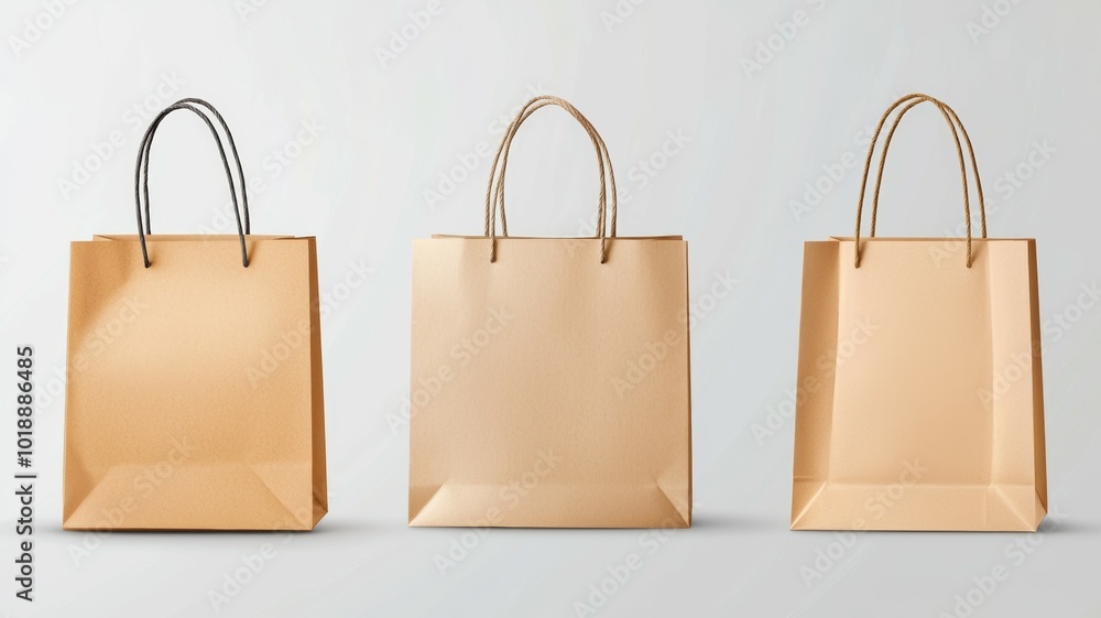 Various paper bags arranged on a neutral background, showcasing different sizes and handle styles, ideal for shopping or gift wrapping needs Various paper bags arranged on a neutral background, showcasing different sizes and handle styles, ideal for shopping or gift wrapping needs