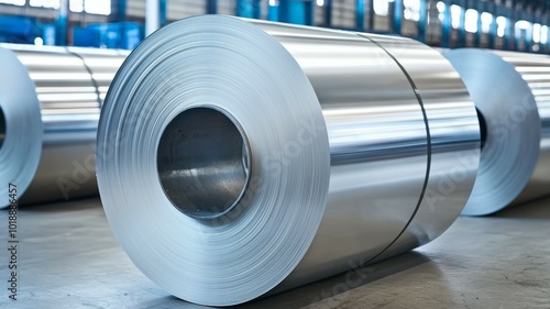 Close-up view of rolled aluminum sheets in a manufacturing facility showcasing the industrial processes involved in metal production