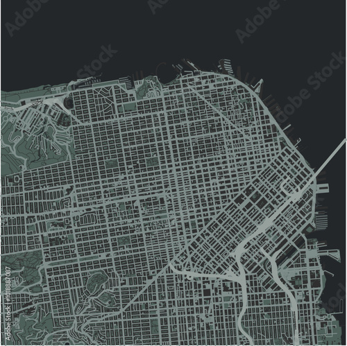 Map of San Francisco Center in California in a smooth dark style. Contains layered vector with roads water, parks, etc.