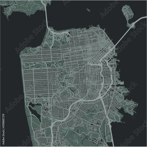 Map of San Francisco in California in a smooth dark style. Contains layered vector with roads water, parks, etc.