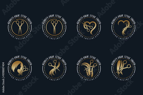 Set hair salon logo design with scissor element creative concept Premium Vector