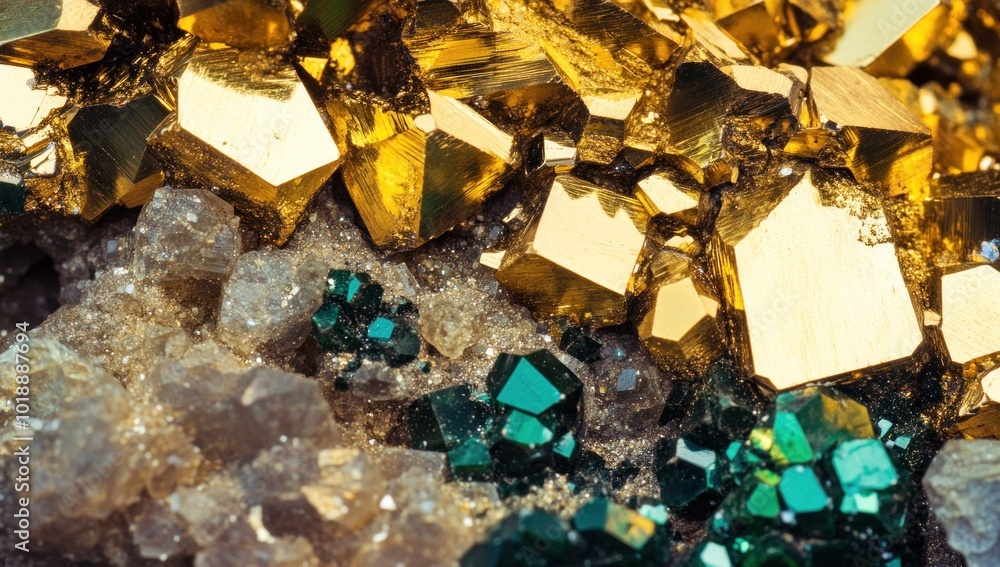 Close Up Macro of Pyrite and Green Crystals Close Up Macro of Pyrite and Green Crystals