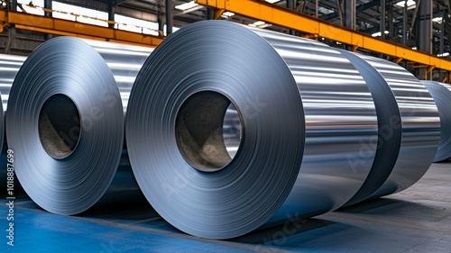 Large rolls of shiny metal sheets are stacked neatly in a modern industrial warehouse, showcasing the meticulous organization of manufacturing materials