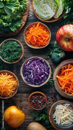 Fresh fruits and vegetables arranged artfully on a rustic table for healthy meal preparation