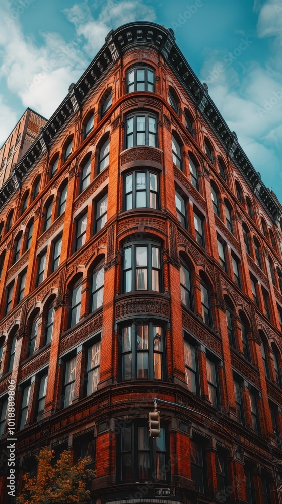 Fototapeta premium A tall brick building with large windows enhances the urban landscape in bright daylight